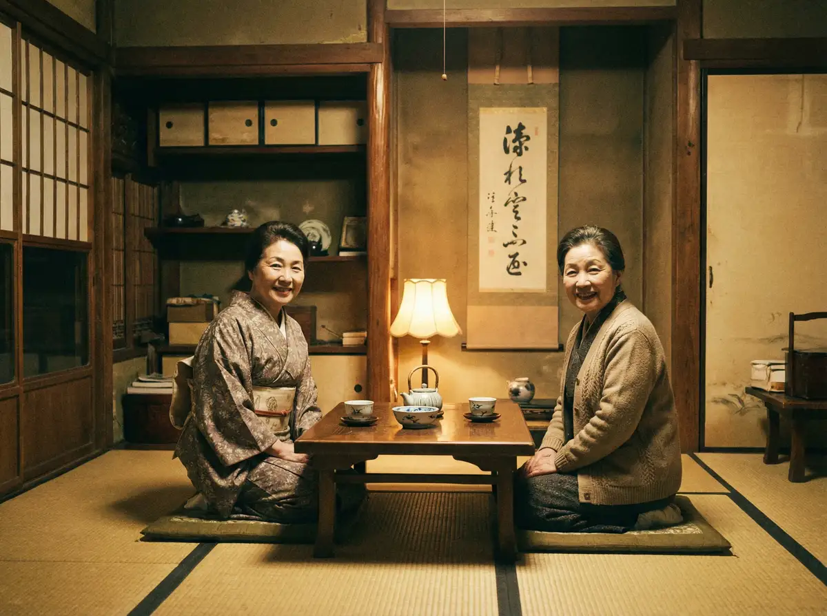 两位优雅的 微密圈 在日式茶室中品茶交谈